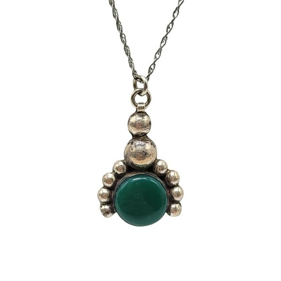Mexico Jewelry - Mexican Sterling Silver .925 Green Onyx Pendant Crown Makers Mark Vintage